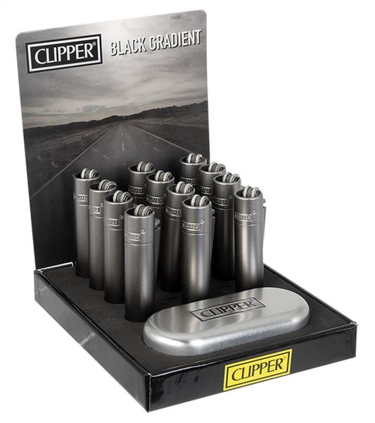 Clipper Feuerzeuge groß, 12er Display, METALL BLACK GRADIENT